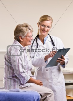 Doctor explaining medical chart to senior woman