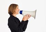 Profile of a businesswoman speaking through a megaphone 