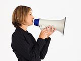 Profile of a businesswoman shouting through a megaphone 