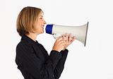 Profile of a smiling businesswoman with a megaphone 