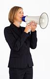 Businesswoman shouting through a megaphone