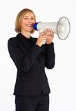 Businesswoman with a megaphone smiling at the camera