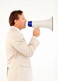 Senior businessman speaking through a megaphone 