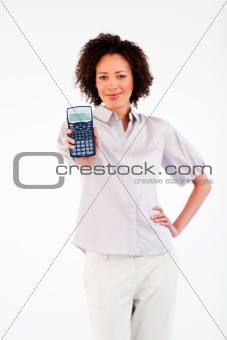 Woman holding a calculator in front of the camera