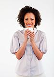 Smiling woman drinking a cup of coffee
