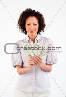 Brunette businesswoman showing dollars