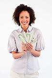 Smiling Afro-American businesswoman showing dollars