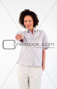 Confident businesswoman pointing at the camera