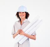 Smiling woman holding construction plans