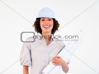 Smiling female architect holding blueprints