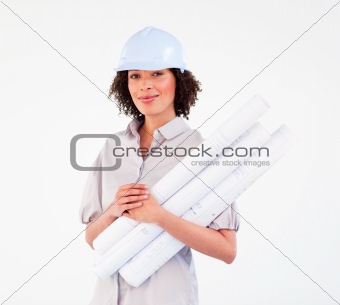 Architect woman with hard-hat holding blueprints