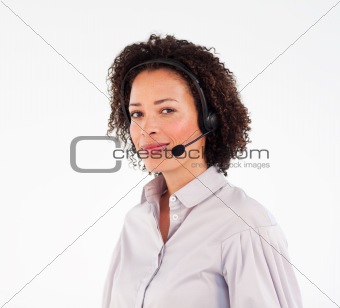 Young woman with headset looking at the camera