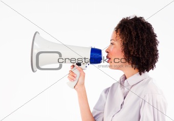 Businesswoman shoutng through megaphone 