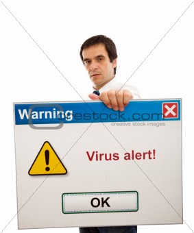 Businessman with computer virus alert