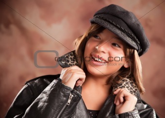 Pretty Hispanic Girl with Hat and Leather Jacket Studio Portrait.