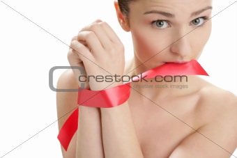 Beauty portrait of funny tied hands woman