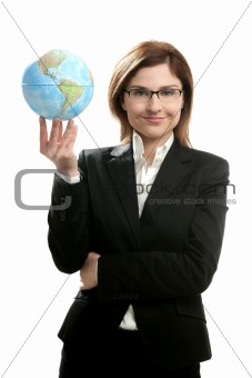 Businesswoman portrait with global map