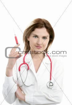 Doctor woman and syringe isolated on white