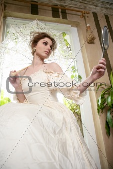 Victorian beautiful woman, white dress at home