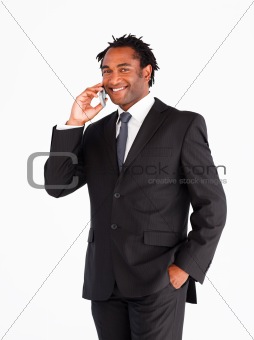 Smiling businessman talking on the phone 