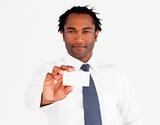 Young afro-american businessman showing his card