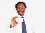 Afro-american businessman showing his card, focus on fingers and card 