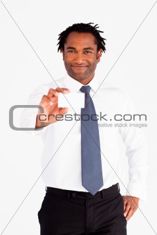 Handsome businessman showing white card 