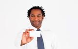 Portrait of afro-american businessman holding white card 