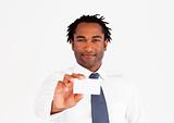 Serious businessman showing his business card