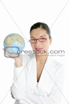 Blue global world map in businesswoman hands