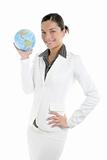 Businesswoman with white suit and global map