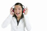 Businesswoman and safety headphones expression