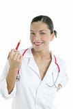 Beautiful woman doctor with red syringe