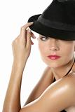 Beautiful red lips woman portrait with black hat
