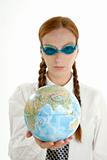 Business woman, googles and world map
