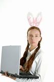 business laptop woman, humor and rabbit ears