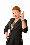 Woman in suit with "Ok" gesture isoleted on white