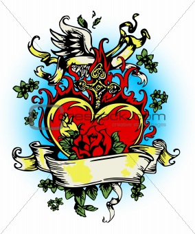 vintage heart with flores and cross