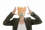 Woman with swine face, dollar note mask