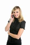 happy blond businesswoman talking with mobile phone
