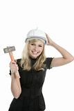 Young blond businesswoman, hammer helmet