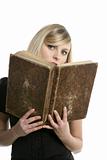  beautiful blonde student girl with old book