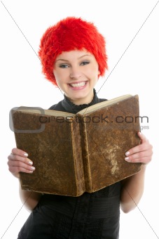 happy funny student beautiful girl with old book