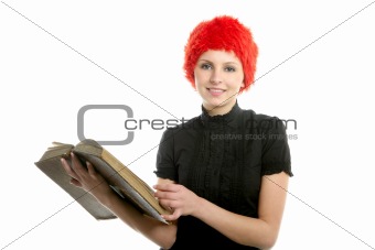 happy funny student beautiful girl with old book