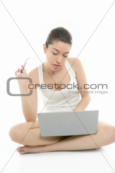 Beautiful woman working laptop on white