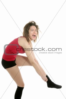 Beautiful sexy woman in red playing with socks