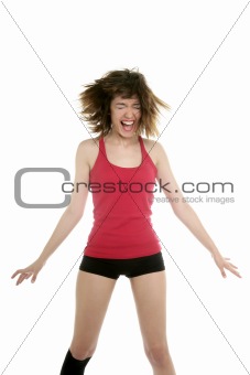 Beautiful sexy woman in red dancing on studio