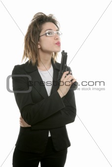 Businesswoman with messy hair and handgun
