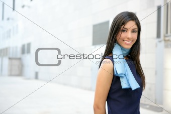 Beautiful stewardess walking to convention center