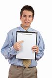Smiling businessman with clipboard